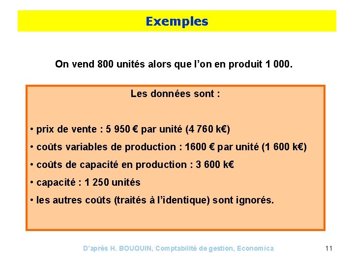 Exemples On vend 800 unités alors que l’on en produit 1 000. Les données