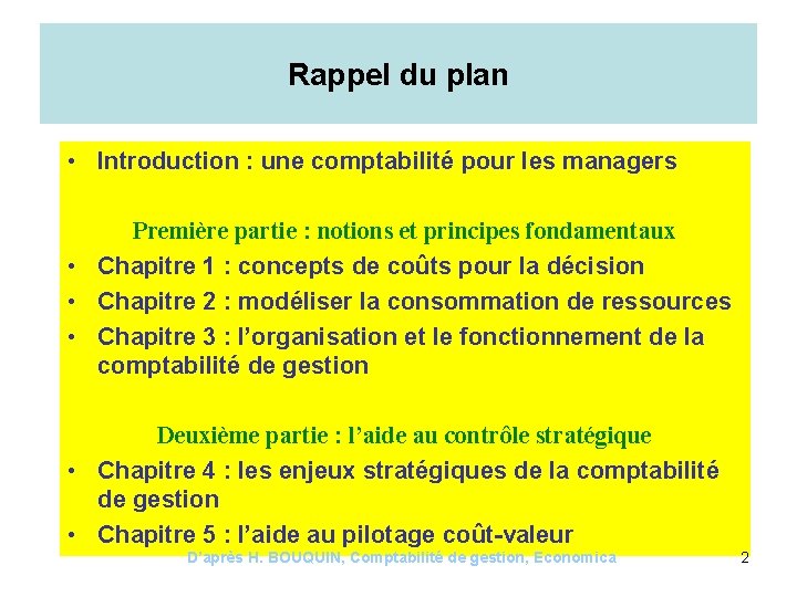 Rappel du plan • Introduction : une comptabilité pour les managers Première partie :