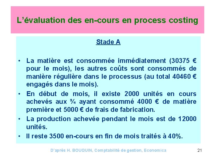 L’évaluation des en-cours en process costing Stade A • La matière est consommée immédiatement