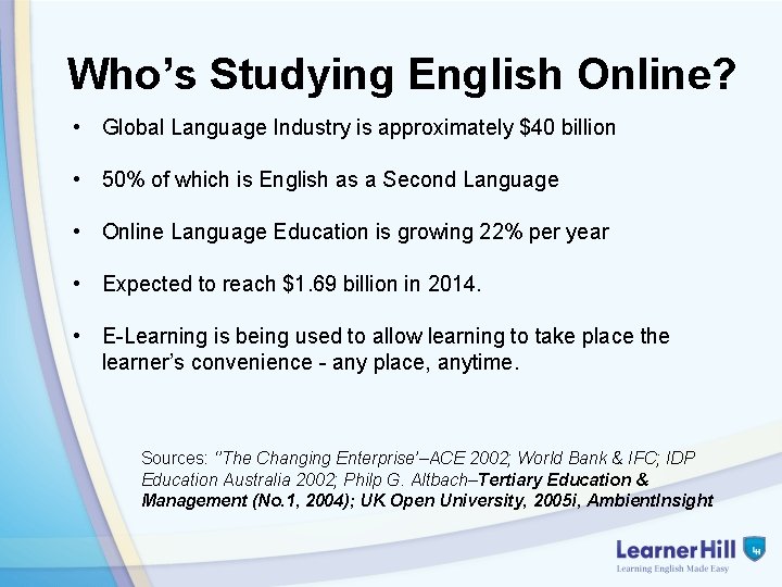 Who’s Studying English Online? • Global Language Industry is approximately $40 billion • 50%