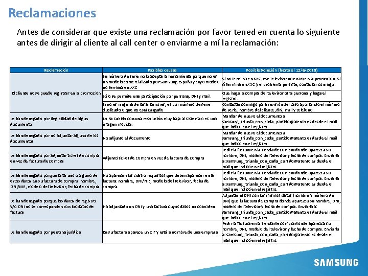 Reclamaciones Antes de considerar que existe una reclamación por favor tened en cuenta lo