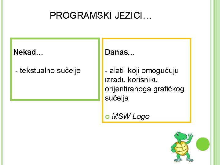 PROGRAMSKI JEZICI… Nekad… Danas… - tekstualno sučelje - alati koji omogućuju izradu korisniku orijentiranoga