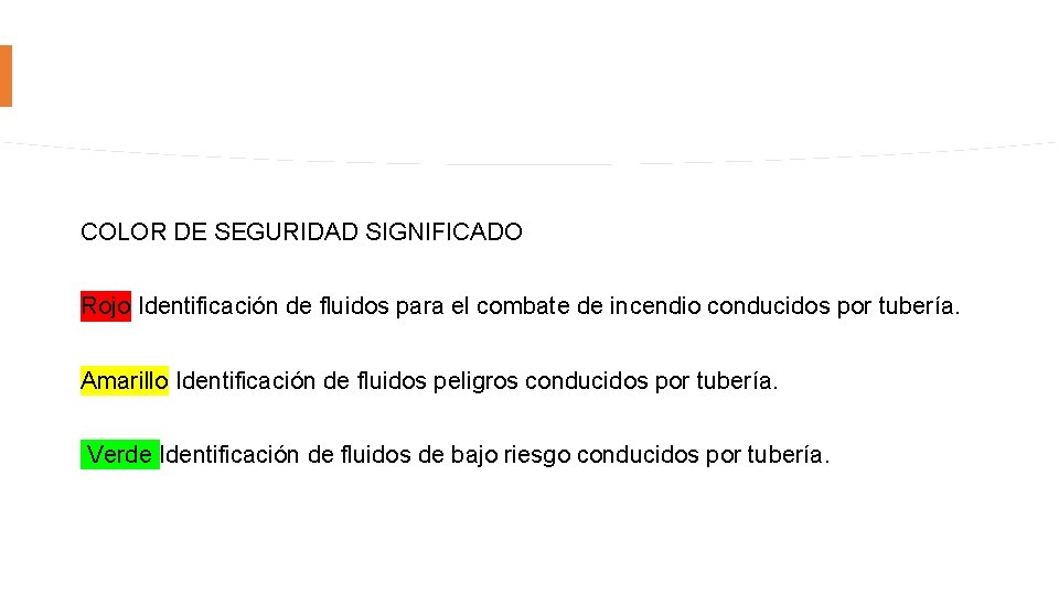 COLOR DE SEGURIDAD SIGNIFICADO Rojo Identificación de fluidos para el combate de incendio conducidos