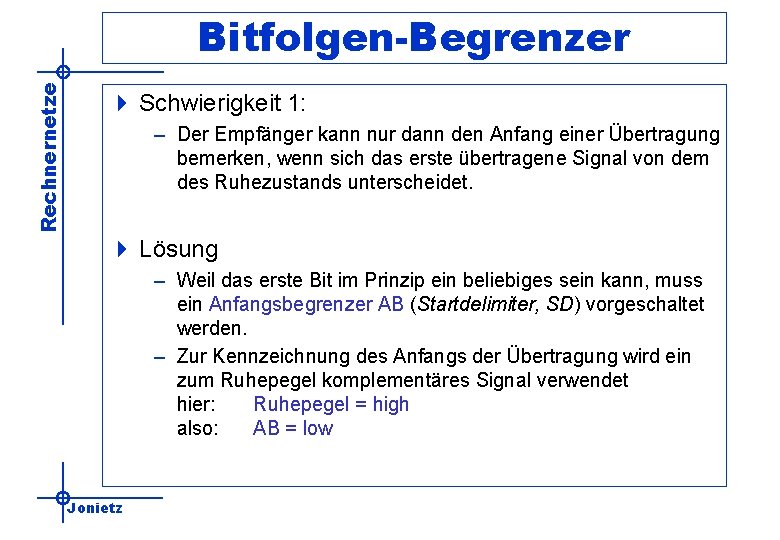 Rechnernetze Bitfolgen-Begrenzer 4 Schwierigkeit 1: – Der Empfänger kann nur dann den Anfang einer