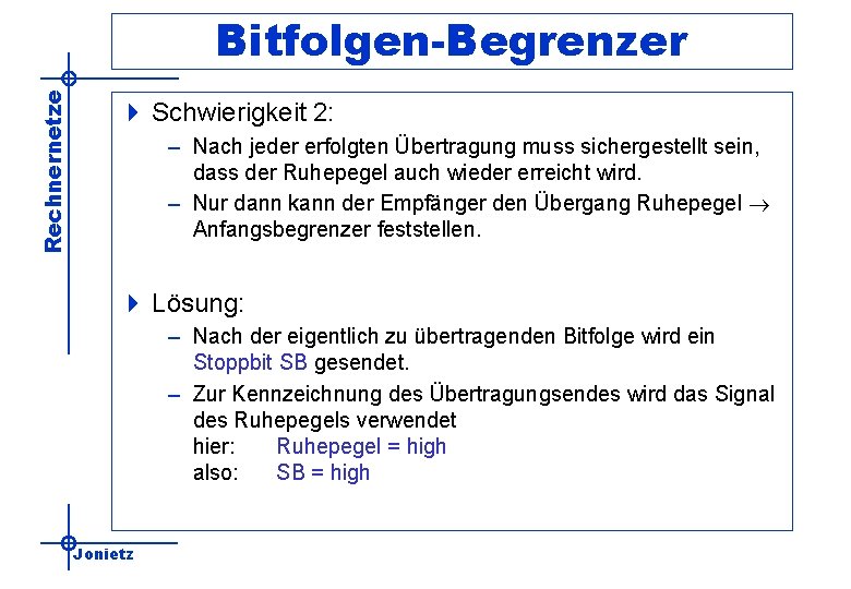 Rechnernetze Bitfolgen-Begrenzer 4 Schwierigkeit 2: – Nach jeder erfolgten Übertragung muss sichergestellt sein, dass