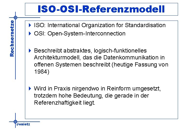 Rechnernetze ISO-OSI-Referenzmodell 4 ISO: International Organization for Standardisation 4 OSI: Open-System-Interconnection 4 Beschreibt abstraktes,