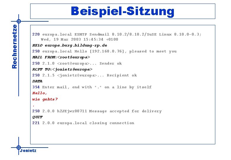 Rechnernetze Beispiel-Sitzung 220 europa. local ESMTP Sendmail 8. 10. 2/Su. SE Linux 8. 10.