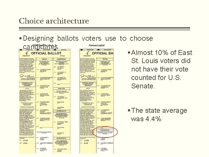 Choice architecture § Designing ballots voters use to choose candidates § Almost 10% of