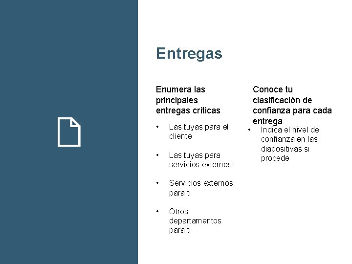 Entregas Enumera las principales entregas críticas • Las tuyas para el cliente • Las