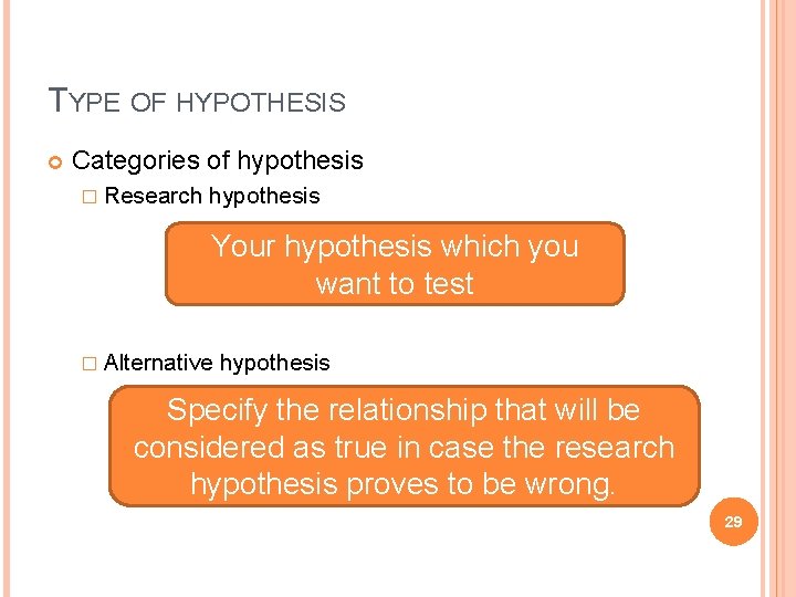 TYPE OF HYPOTHESIS Categories of hypothesis � Research hypothesis Your hypothesis which you want
