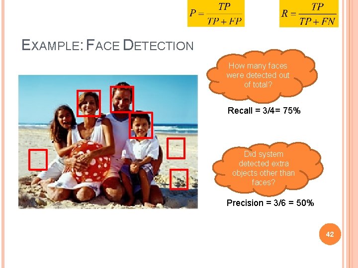 EXAMPLE: FACE DETECTION How many faces were detected out of total? Recall = 3/4=