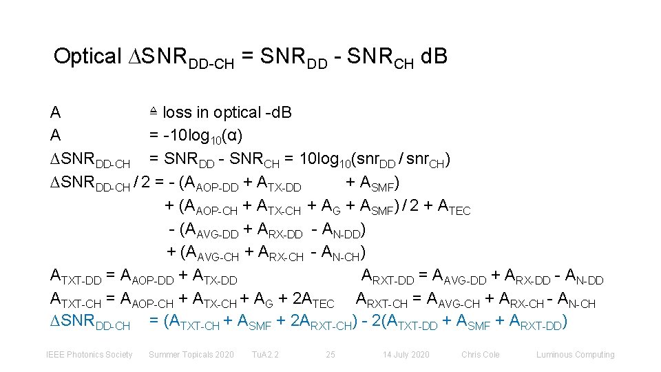 Optical ∆SNRDD-CH = SNRDD - SNRCH d. B A ≜ loss in optical -d.