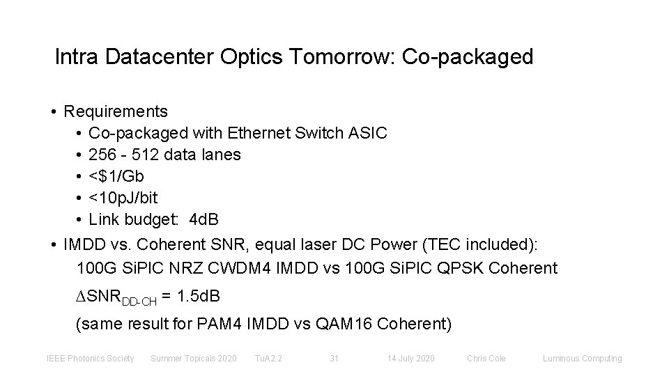 Intra Datacenter Optics Tomorrow: Co-packaged • Requirements • Co-packaged with Ethernet Switch ASIC •