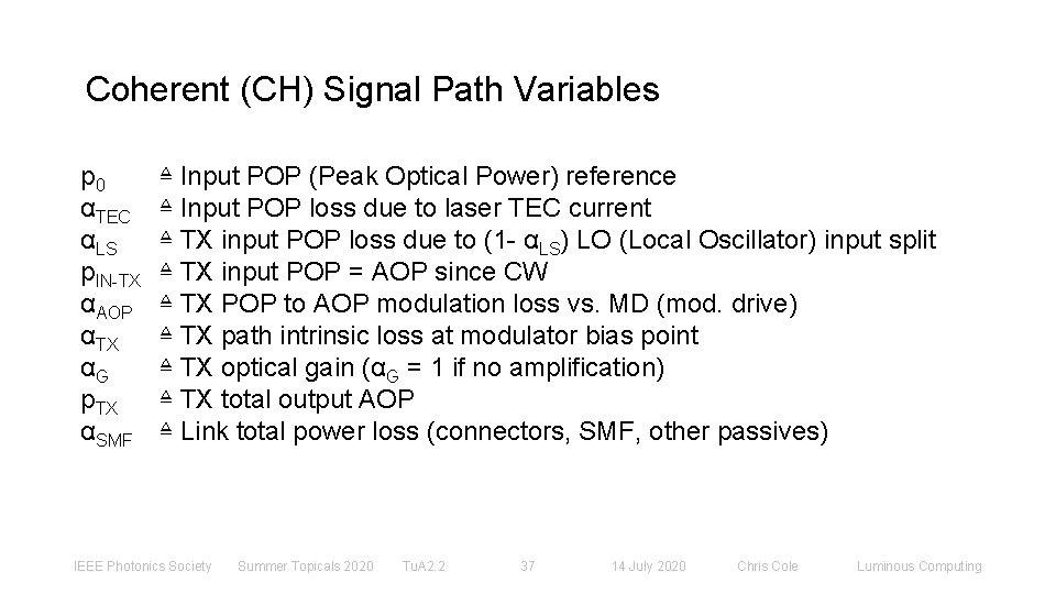 Coherent (CH) Signal Path Variables p 0 αTEC αLS p. IN-TX αAOP αTX αG