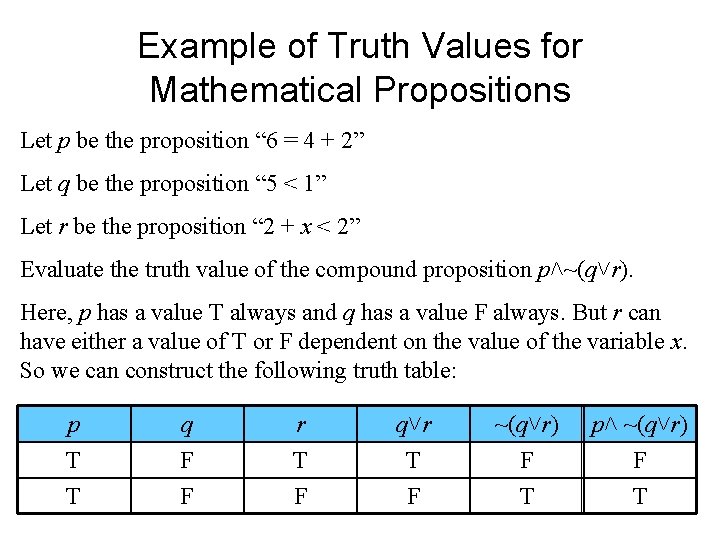 Example of Truth Values for Mathematical Propositions Let p be the proposition “ 6