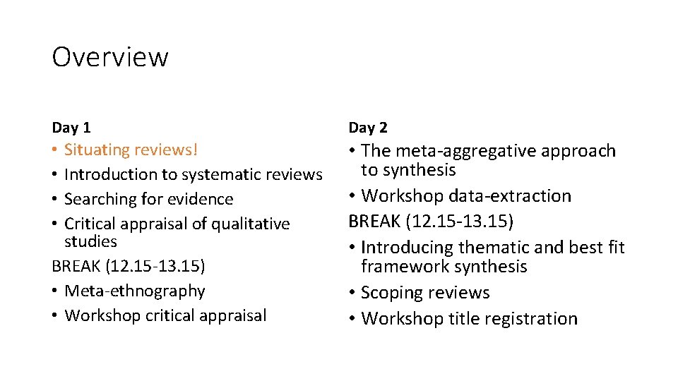 Overview Day 1 Day 2 Situating reviews! Introduction to systematic reviews Searching for evidence