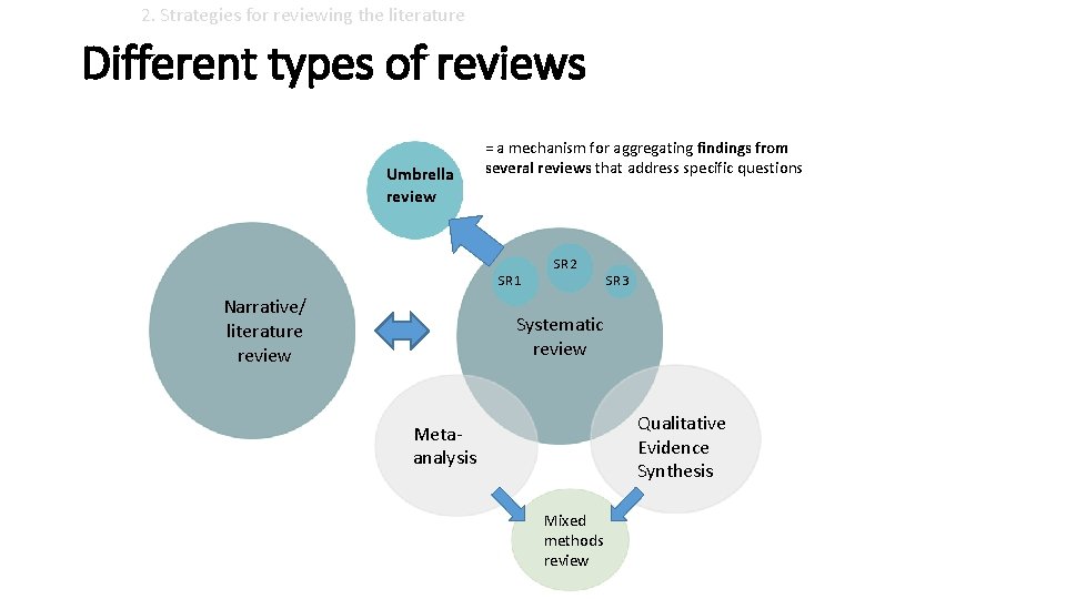 2. Strategies for reviewing the literature Different types of reviews Umbrella review = a