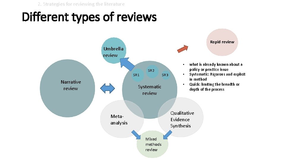 2. Strategies for reviewing the literature Different types of reviews Rapid review Umbrella review