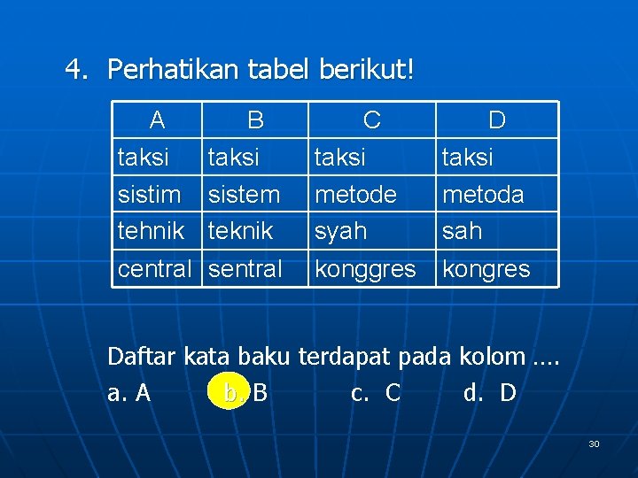 4. Perhatikan tabel berikut! A B taksi sistim sistem tehnik teknik C taksi metode