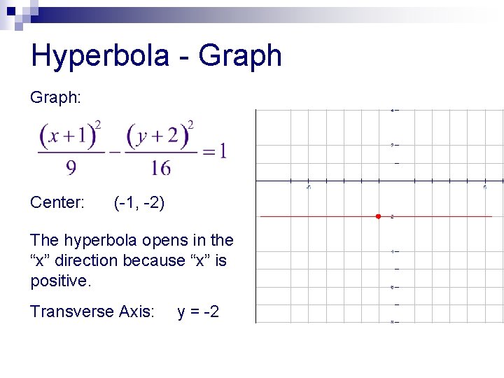 Hyperbola - Graph: Center: (-1, -2) The hyperbola opens in the “x” direction because