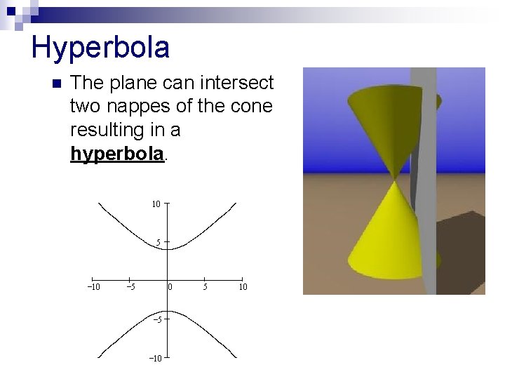 Hyperbola n The plane can intersect two nappes of the cone resulting in a