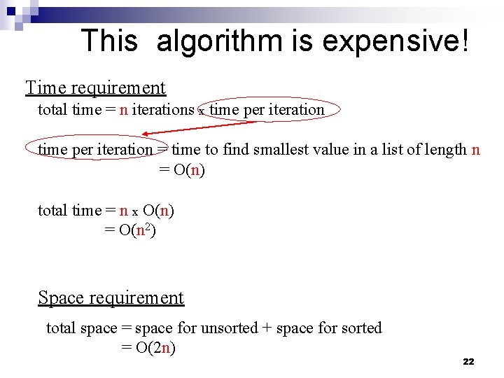 This algorithm is expensive! Time requirement total time = n iterations x time per