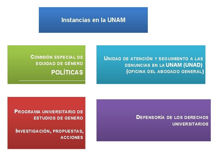 Instancias en la UNAM COMISIÓN ESPECIAL DE EQUIDAD DE GÉNERO POLÍTICAS PROGRAMA UNIVERSITARIO DE