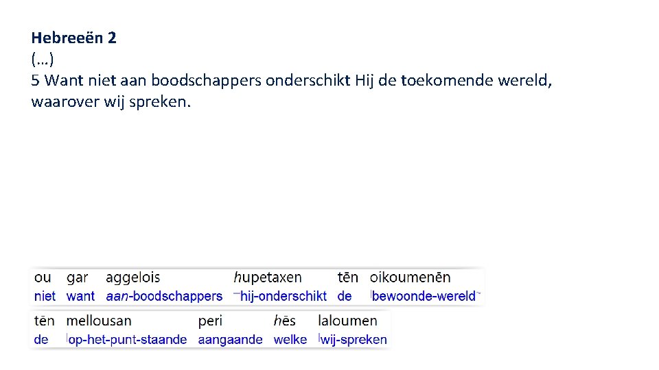 Hebreeën 2 (…) 5 Want niet aan boodschappers onderschikt Hij de toekomende wereld, waarover