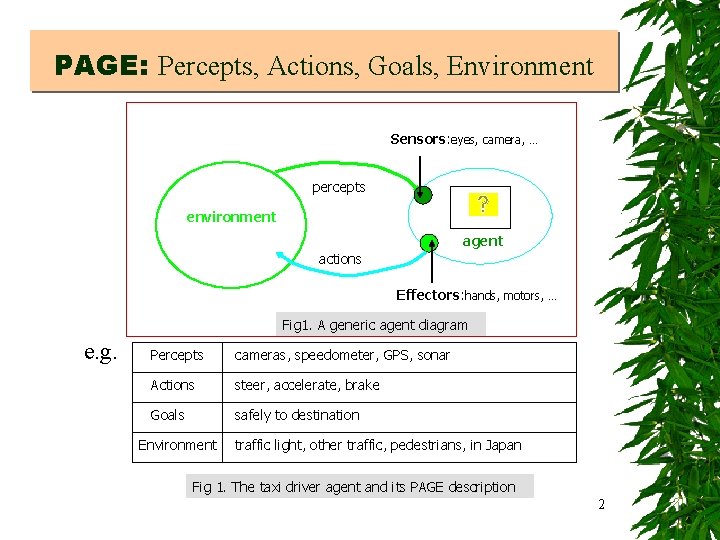 PAGE: Percepts, Actions, Goals, Environment Sensors: eyes, camera, … percepts environment agent actions Effectors: