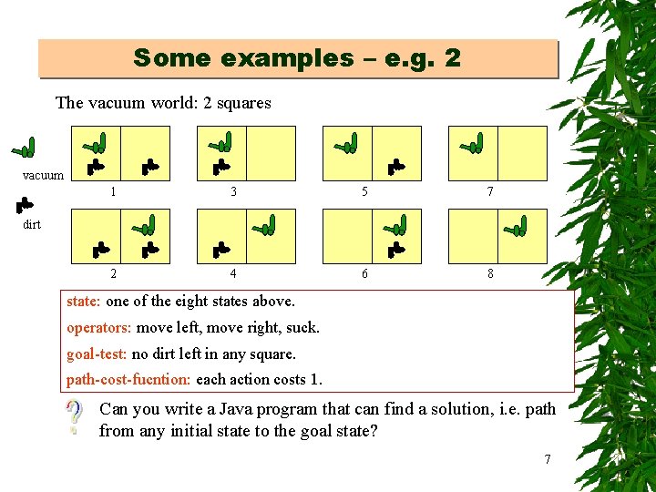 Some examples – e. g. 2 The vacuum world: 2 squares vacuum 1 3