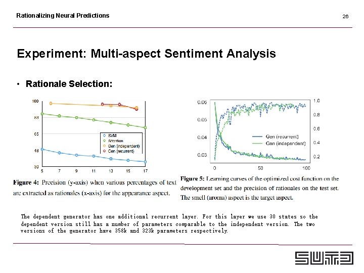 Rationalizing Neural Predictions Experiment: Multi-aspect Sentiment Analysis • Rationale Selection: The dependent generator has