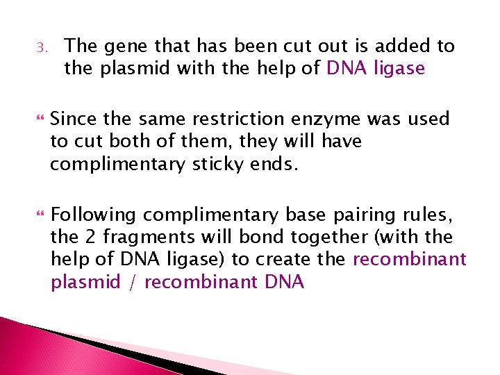 3. The gene that has been cut out is added to the plasmid with