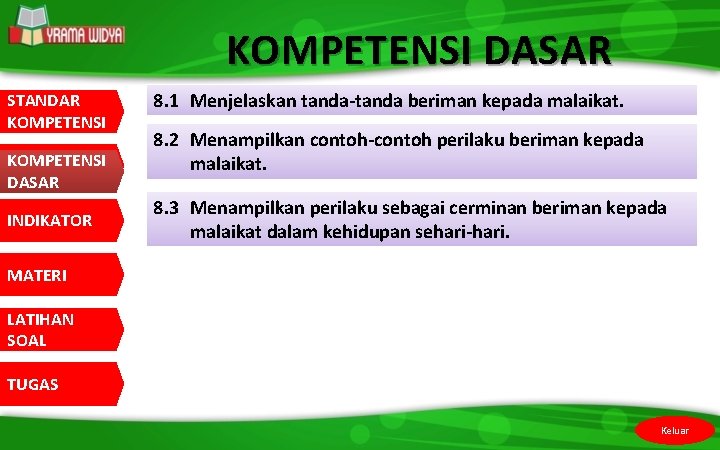 KOMPETENSI DASAR STANDAR KOMPETENSI DASAR INDIKATOR 8. 1 Menjelaskan tanda-tanda beriman kepada malaikat. 8.