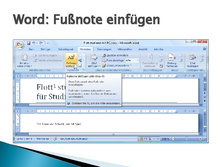 Word: Fußnote einfügen Word: Fußnote einfügen
