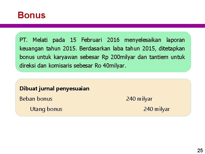 Bonus PT. Melati pada 15 Februari 2016 menyelesaikan laporan keuangan tahun 2015. Berdasarkan laba