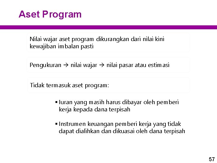 Aset Program Nilai wajar aset program dikurangkan dari nilai kini kewajiban imbalan pasti Pengukuran