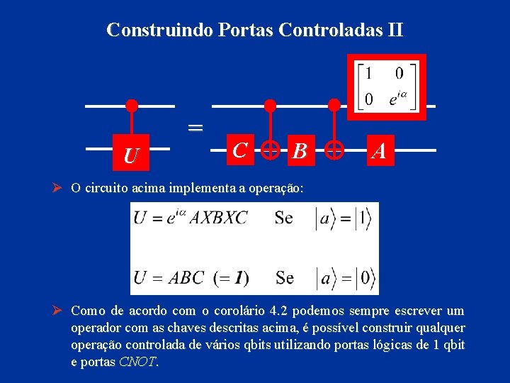Construindo Portas Controladas II U = C B A Ø O circuito acima implementa