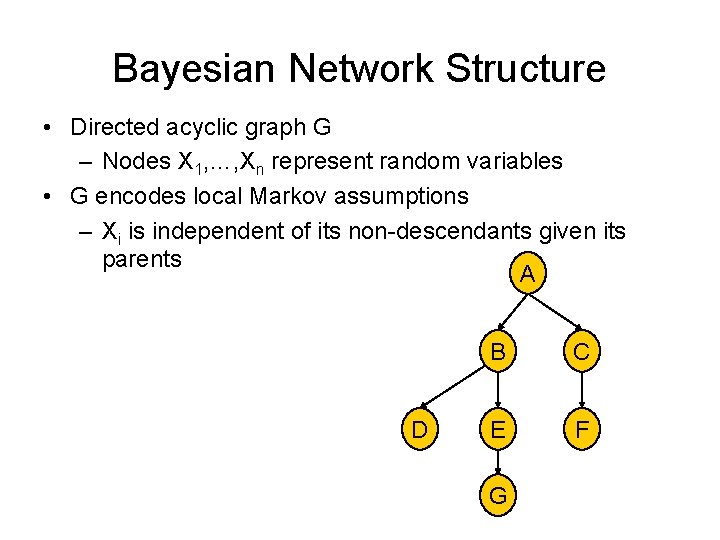 Bayesian Network Structure • Directed acyclic graph G – Nodes X 1, …, Xn