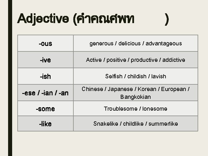 Adjective (คำคณศพท ) -ous generous / delicious / advantageous -ive Active / positive /