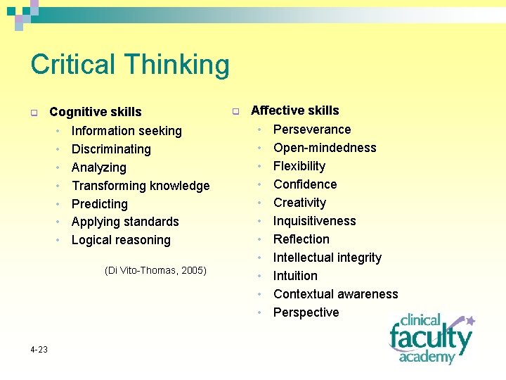 Critical Thinking q Cognitive skills • • Information seeking Discriminating Analyzing Transforming knowledge Predicting