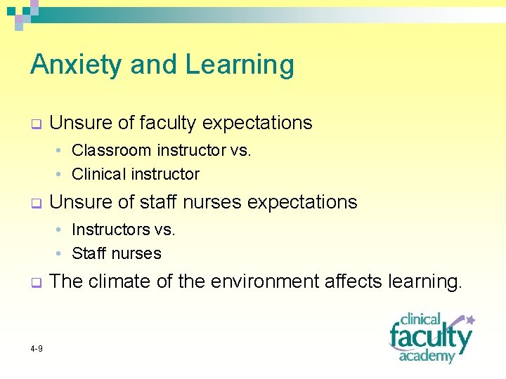 Anxiety and Learning q Unsure of faculty expectations • Classroom instructor vs. • Clinical