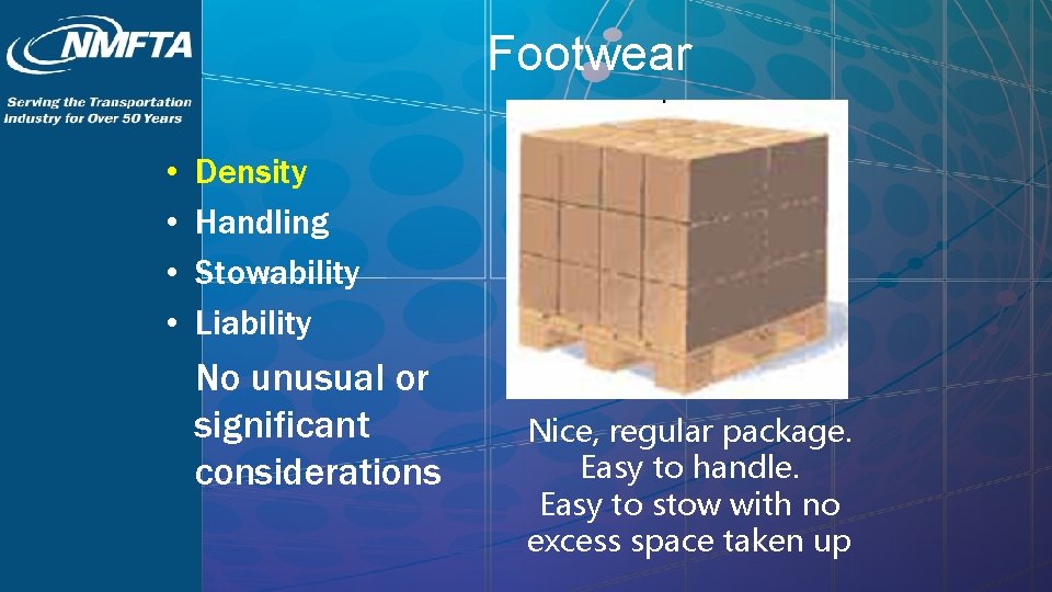 Footwear • • Density Handling Stowability Liability No unusual or significant considerations Nice, regular