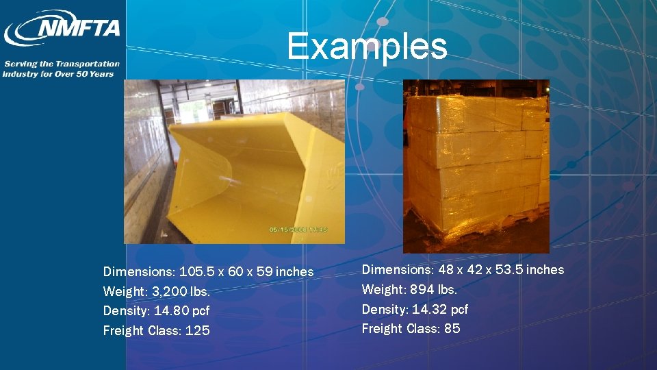 Examples Dimensions: 105. 5 x 60 x 59 inches Weight: 3, 200 lbs. Density: