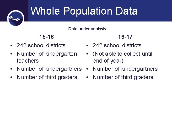 Whole Population Data under analysis 15 -16 • 242 school districts • Number of