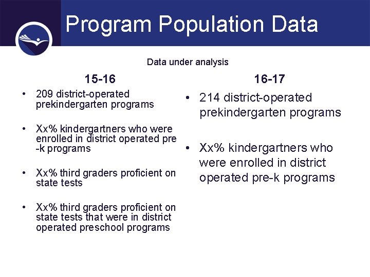 Program Population Data under analysis 15 -16 • 209 district-operated prekindergarten programs 16 -17