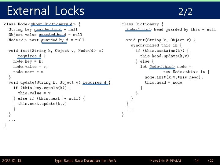 External Locks 2022 -01 -15 Type-Based Race Detection for JAVA 2/2 Hong, Shin @ External Locks 2022 -01 -15 Type-Based Race Detection for JAVA 2/2 Hong, Shin @