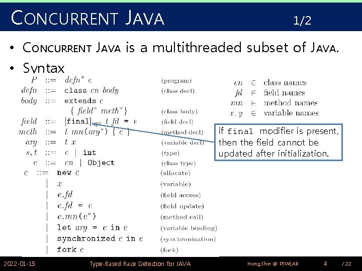 CONCURRENT JAVA 1/2 • CONCURRENT JAVA is a multithreaded subset of JAVA. • Syntax CONCURRENT JAVA 1/2 • CONCURRENT JAVA is a multithreaded subset of JAVA. • Syntax
