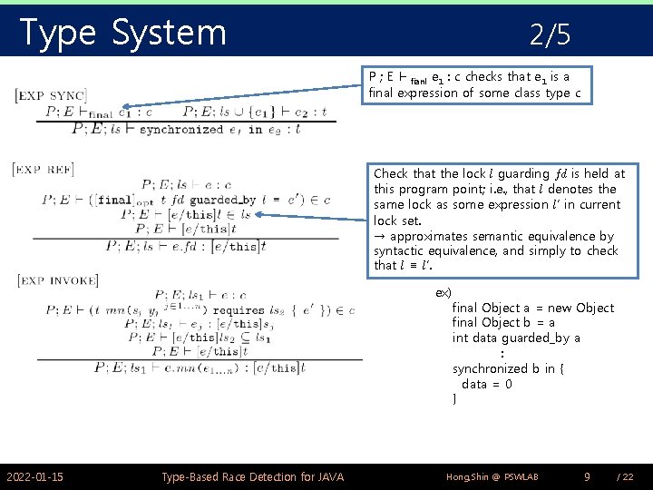 Type System 2/5 P ; E ` fianl e 1 : c checks that Type System 2/5 P ; E ` fianl e 1 : c checks that