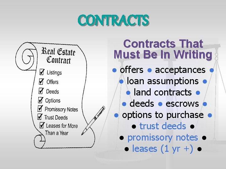 CONTRACTS Contracts That Must Be In Writing ● offers ● acceptances ● ● loan