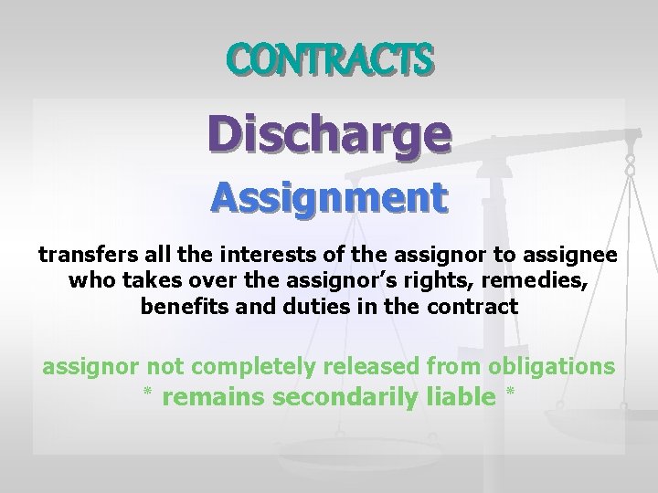 CONTRACTS Discharge Assignment transfers all the interests of the assignor to assignee who takes